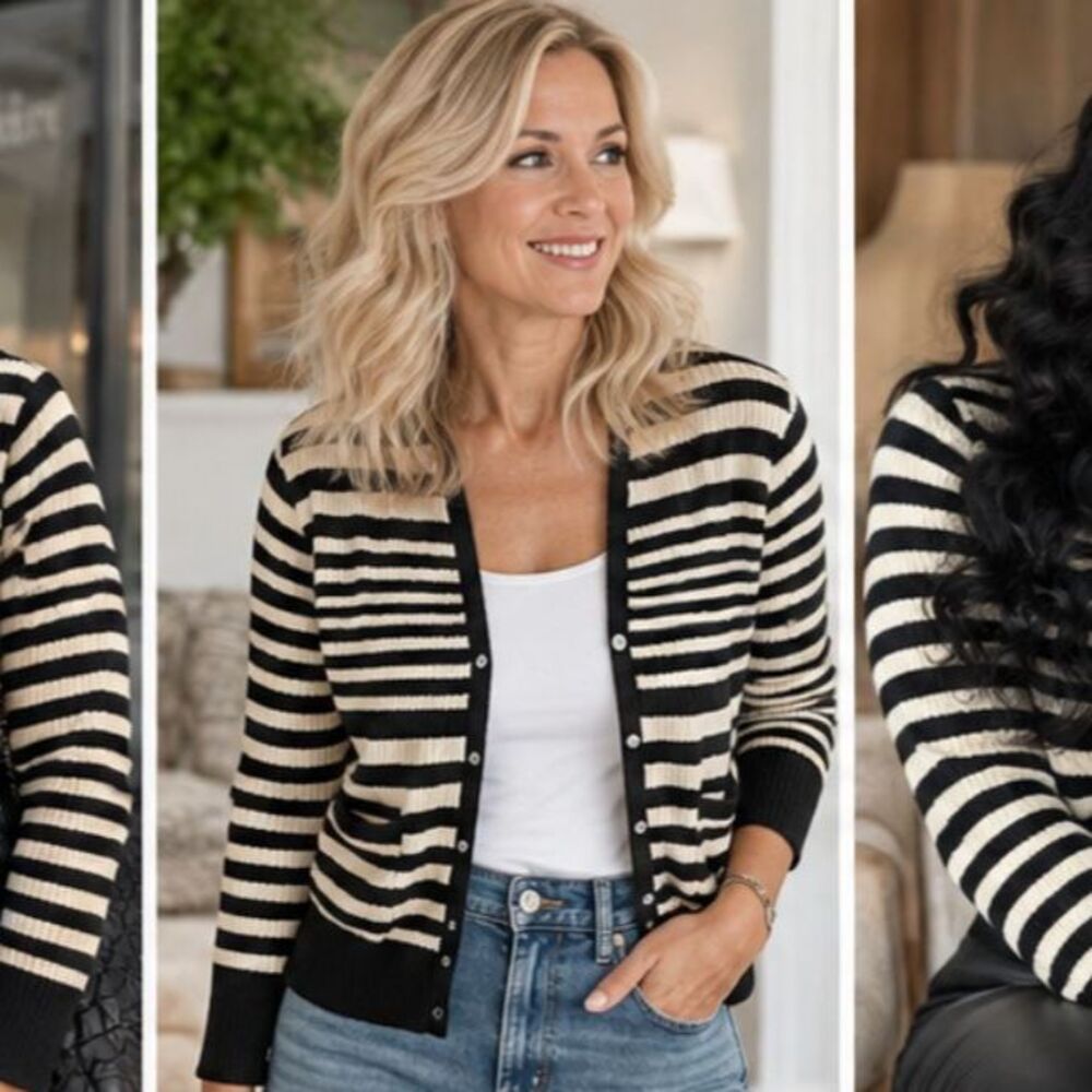 Black White Striped Cardigan Sweater V Neck Button Front Pockets Long Sleeve XL